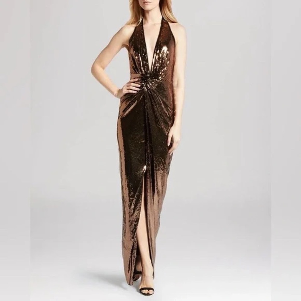 HALSTON Heritage Metallic Sequin Halter Gown with LOW Back XL - NWT!